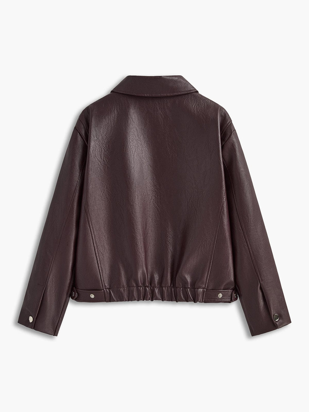 Vue arrière d'une veste en simili cuir bordeaux, avec un bas élastiqué et des boutons pression, offrant une coupe moderne et féminine, idéale pour un style élégant et décontracté.