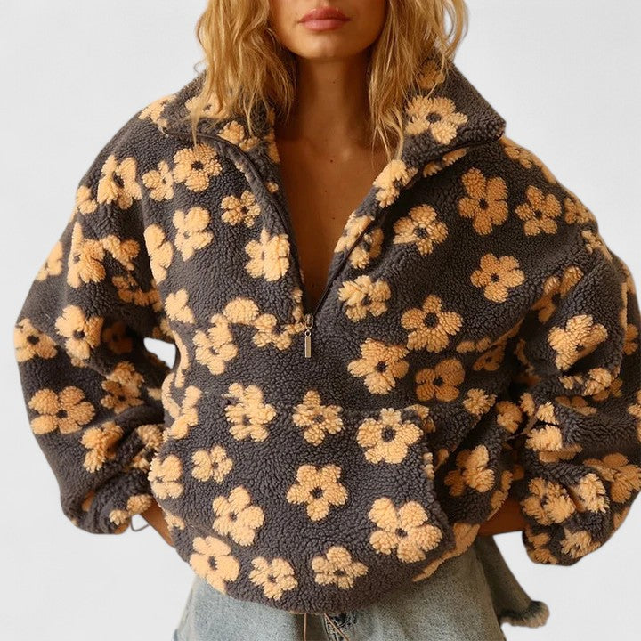 Felpa sherpa da donna - stampa floreale, collo alto e mezza zip