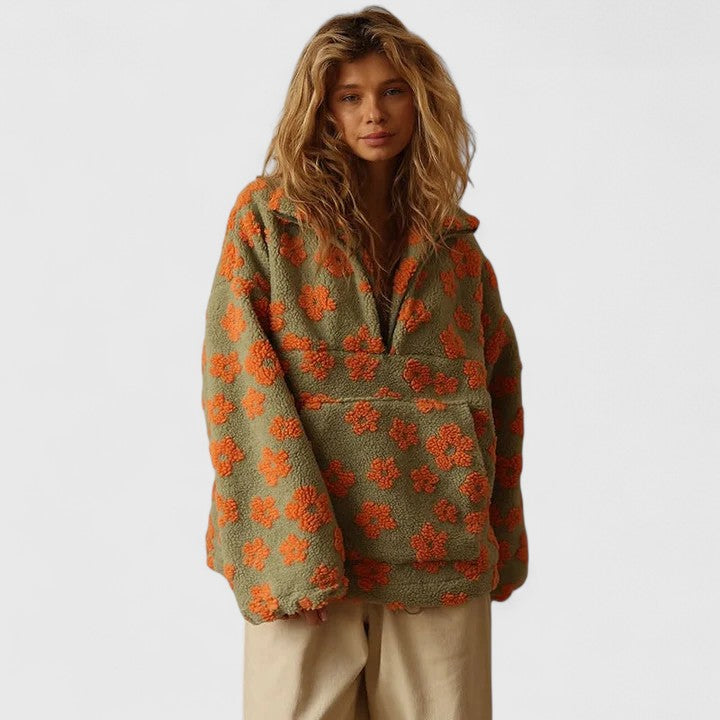 Felpa sherpa da donna - stampa floreale, collo alto e mezza zip