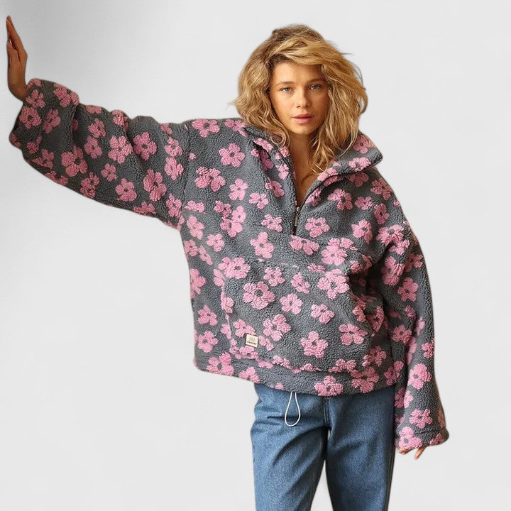 Felpa sherpa da donna - stampa floreale, collo alto e mezza zip