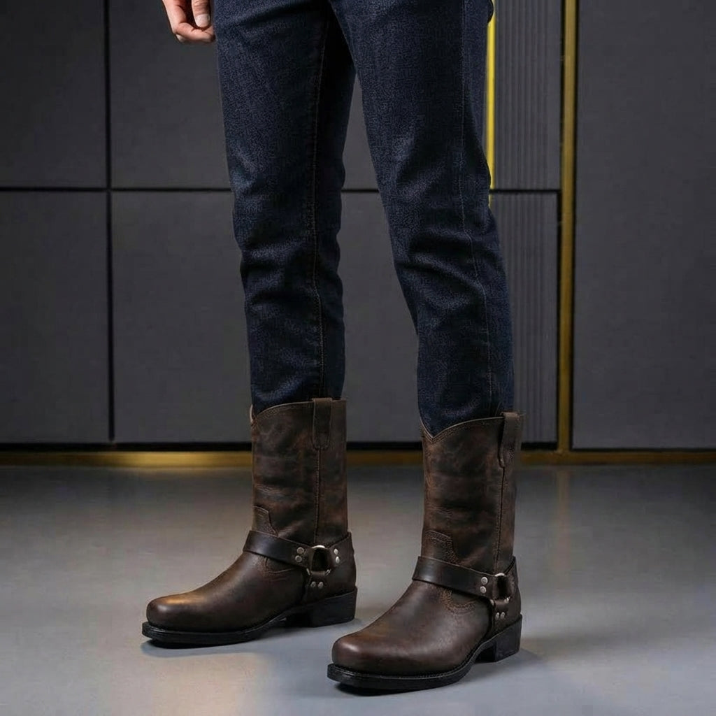 Hohe Herren-Westernstiefel mit Schnalle und runder Zehenpartie