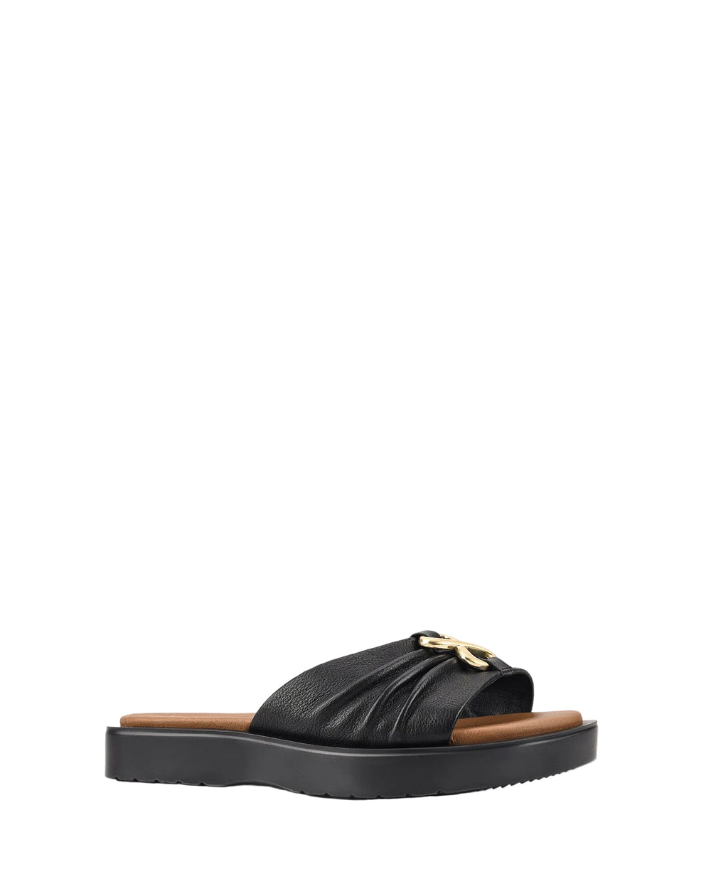 Sandales Maxine noires pour femme à semelle ondulée et boucle dorée, design moderne polyvalent.