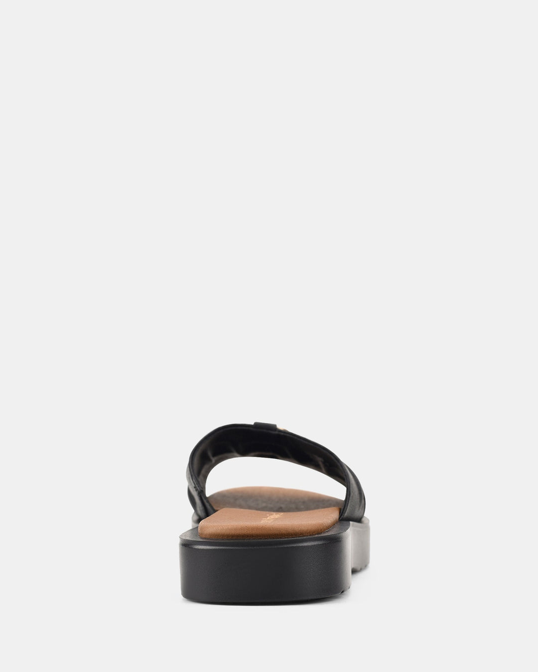 Vue arrière des sandales avec une semelle épaisse et une boucle dorée, offrant un look élégant et une bonne stabilité.
