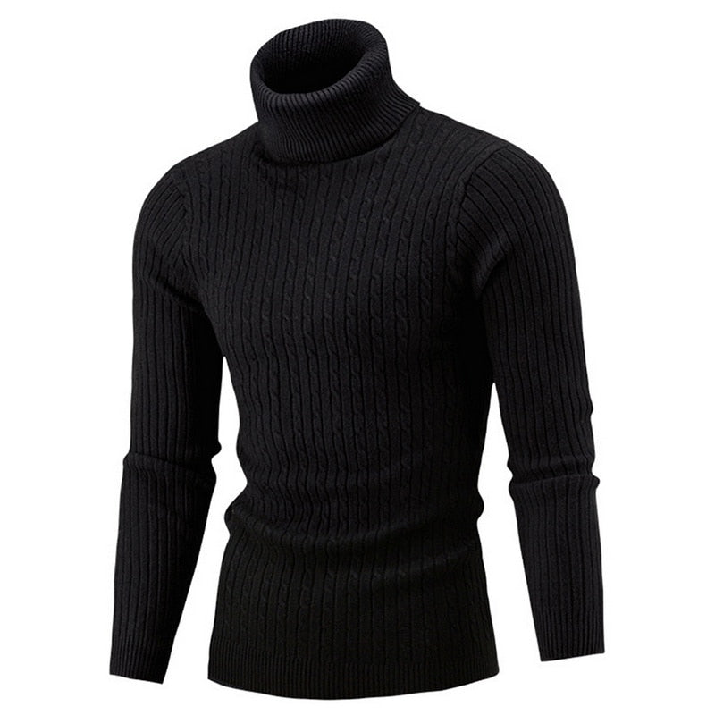 Un pull noir à col roulé pour homme avec un motif côtelé, parfait pour un look élégant et décontracté en hiver.