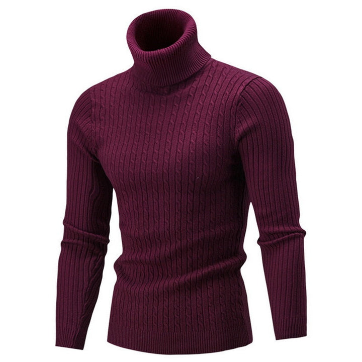 Pull côtelé à col roulé de couleur bordeaux, parfait pour les journées fraîches et élégantes, avec des manches longues et un design moderne.