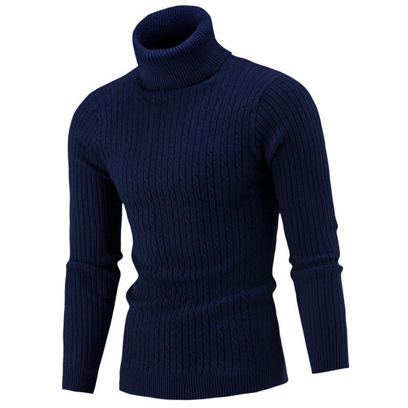 Pull côtelé à col roulé de couleur bleu marine, offrant un style classique et élégant avec une texture de tricot, parfait pour les journées fraîches.