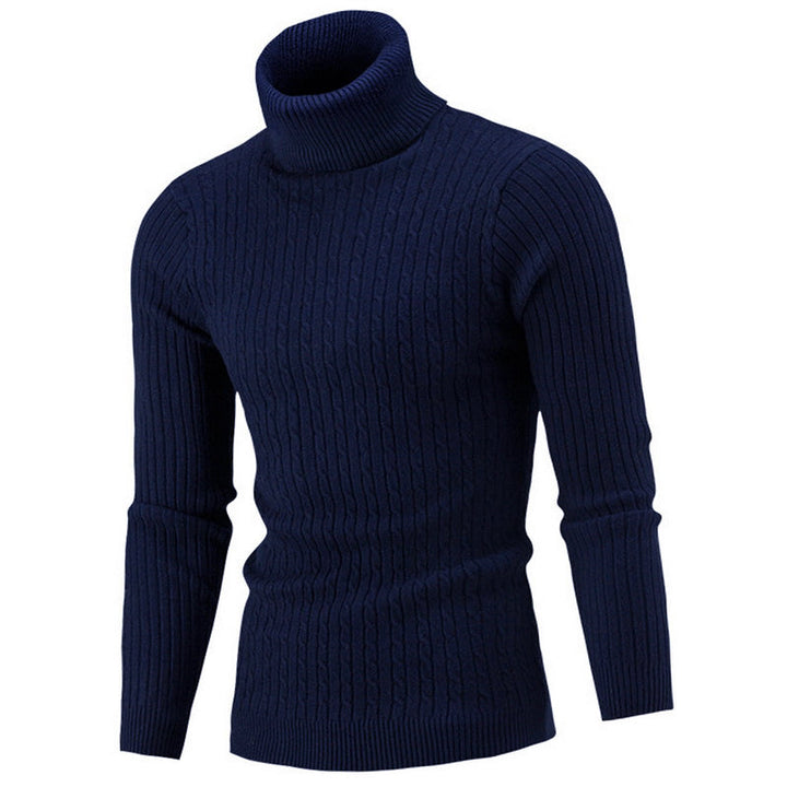Pull côtelé à col roulé de couleur bleu marine, offrant un style classique et élégant avec une texture de tricot, parfait pour les journées fraîches.
