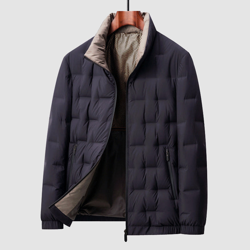 Men's Quilted Puffer Jacket with Stand Collar and Zip Closure