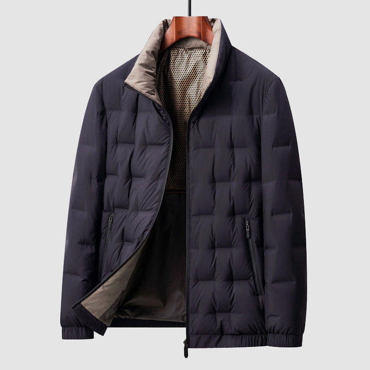 Men's Quilted Puffer Jacket with Stand Collar and Zip Closure