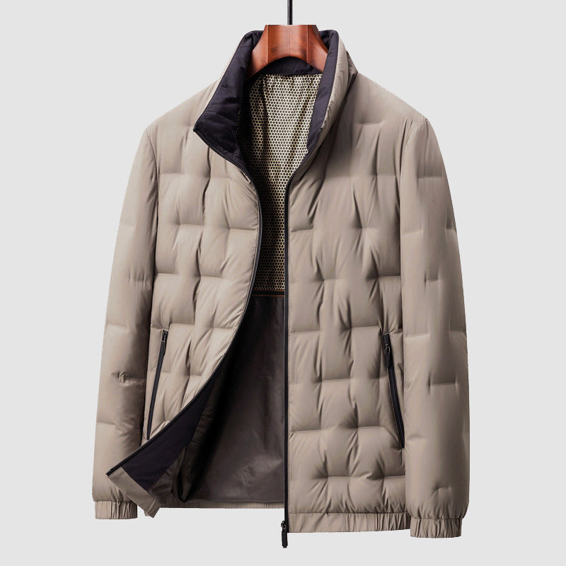 Men's Quilted Puffer Jacket with Stand Collar and Zip Closure