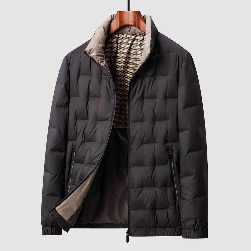 Men's Quilted Puffer Jacket with Stand Collar and Zip Closure