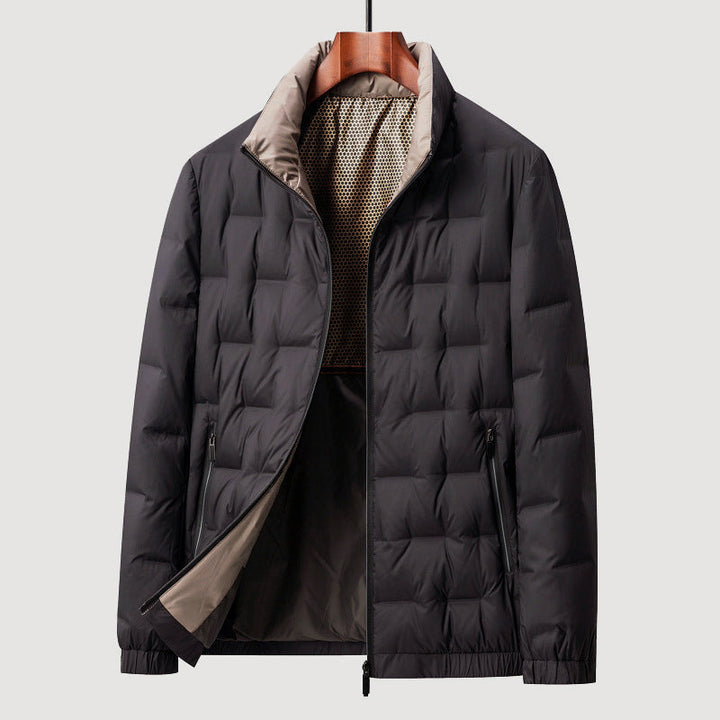 Men's Quilted Puffer Jacket with Stand Collar and Zip Closure