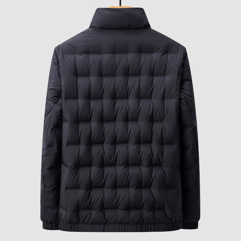 Men's Quilted Puffer Jacket with Stand Collar and Zip Closure