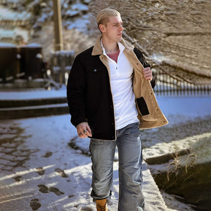 Giacca trucker da uomo foderata in sherpa con colletto risvoltato