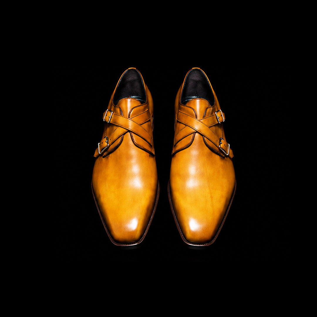 Men's Double Monk Strap Patina Leather Shoes with Buckle Fastening