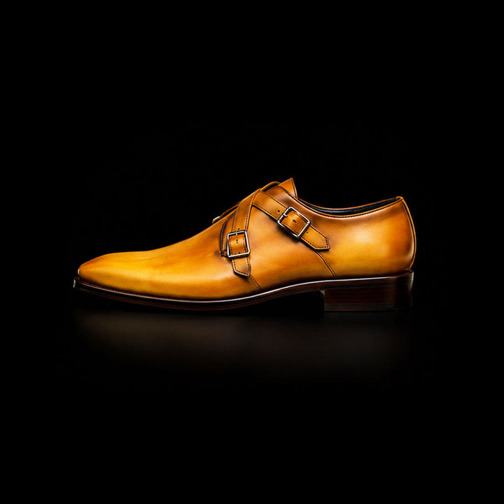 Men's Double Monk Strap Patina Leather Shoes with Buckle Fastening