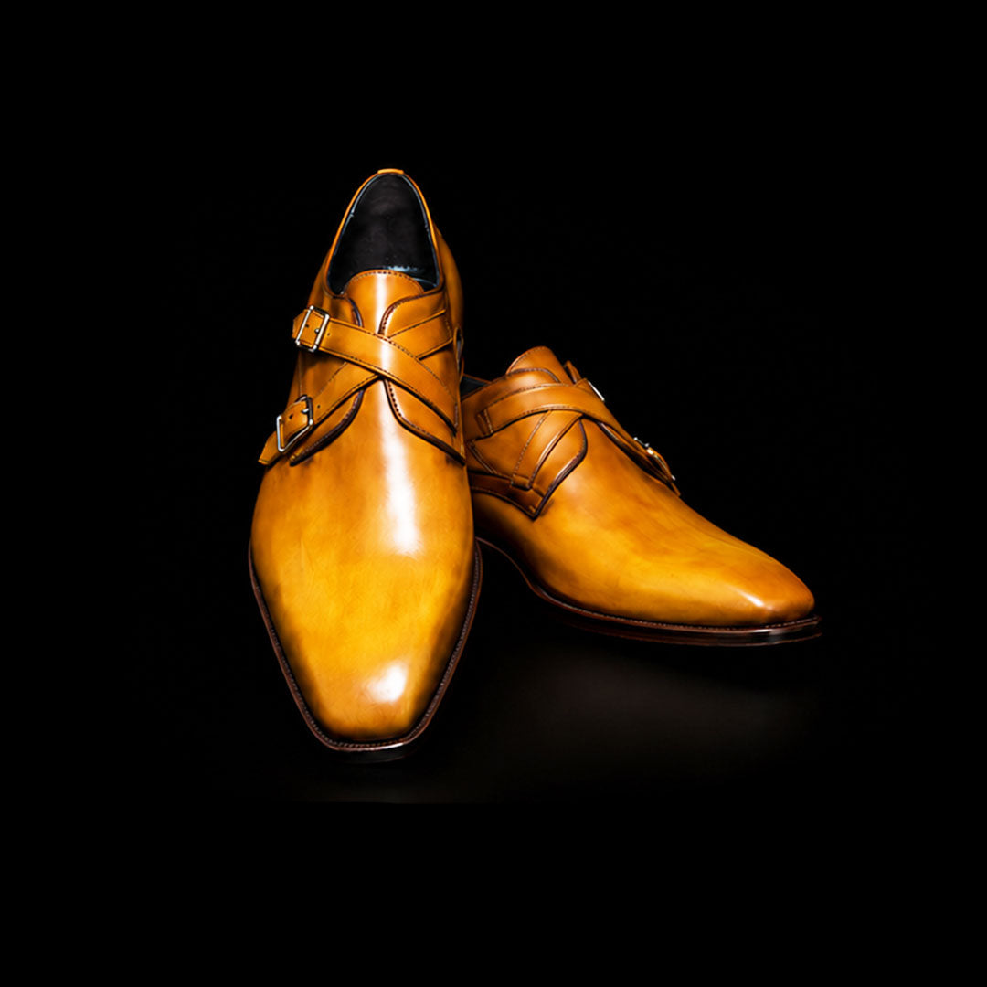 Men's Double Monk Strap Patina Leather Shoes with Buckle Fastening