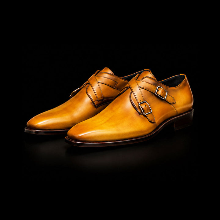 Men's Double Monk Strap Patina Leather Shoes with Buckle Fastening
