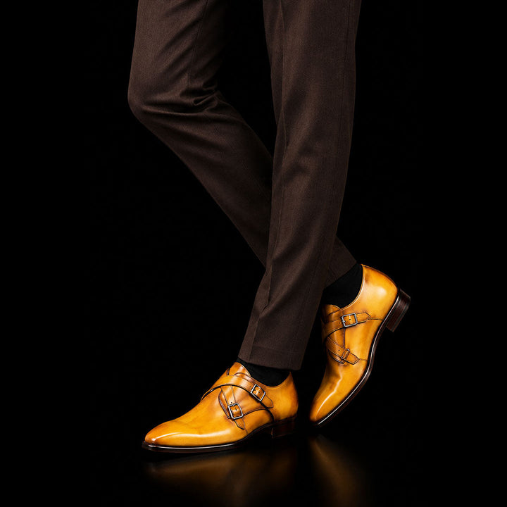 Men's Double Monk Strap Patina Leather Shoes with Buckle Fastening