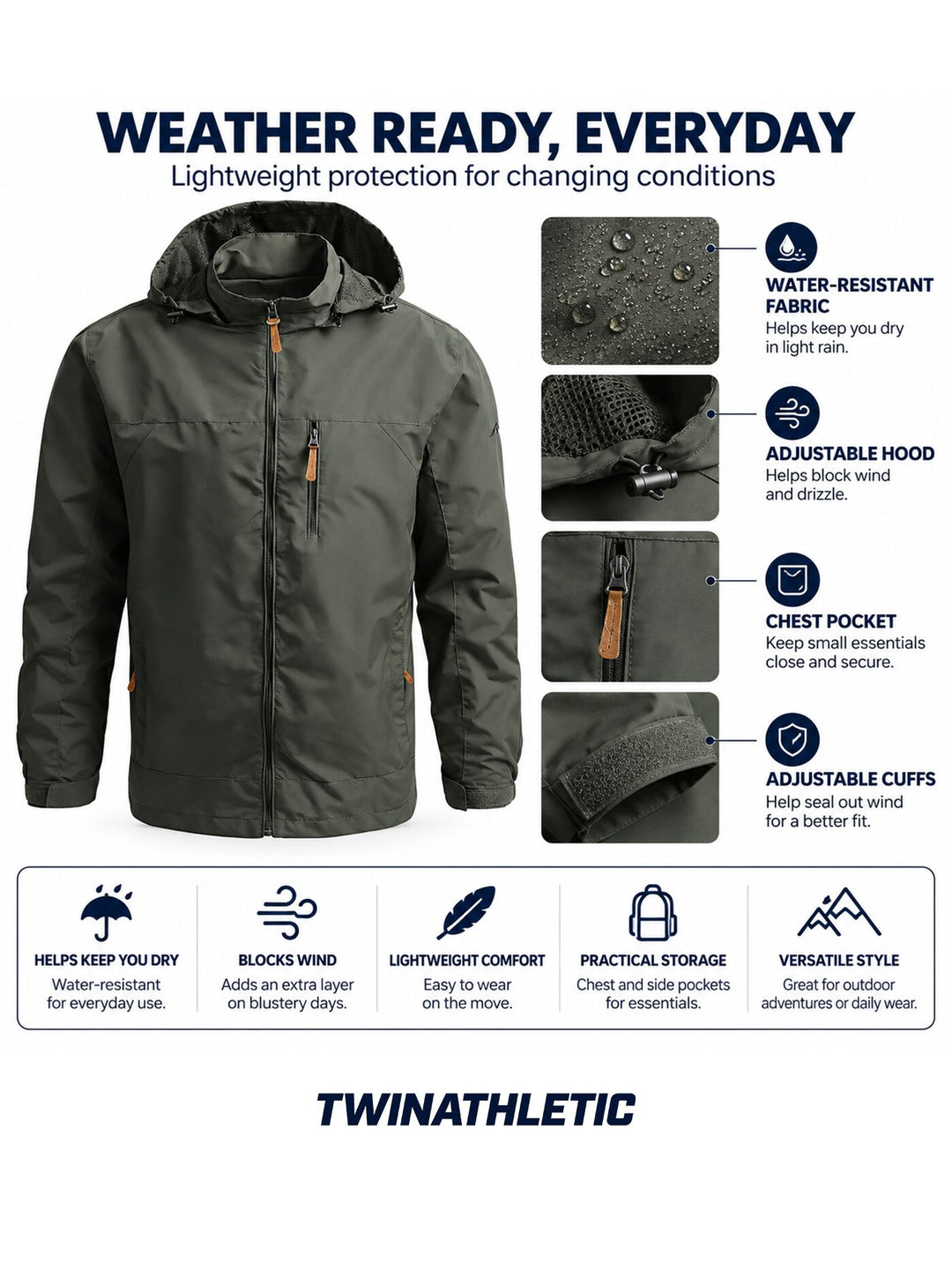 Coupe-Vent Homme Imperméable à Capuche Poche Poitrine