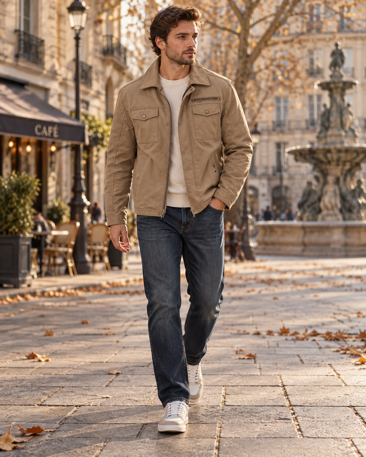 Giacca militare da uomo - cotone twill multi-tasche, cerniera e bottoni a pressione