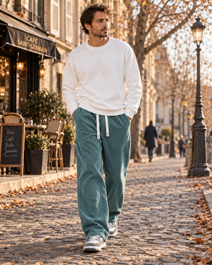 Pantaloni da uomo in velluto a coste - Vestibilità ampia, vita elasticizzata con coulisse