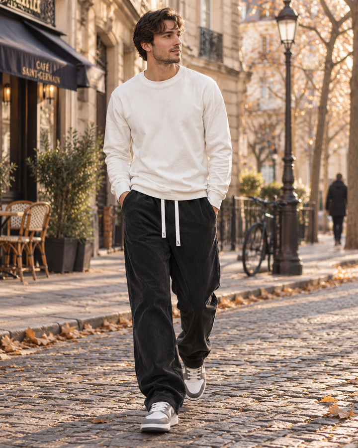 Pantaloni da uomo in velluto a coste - Vestibilità ampia, vita elasticizzata con coulisse