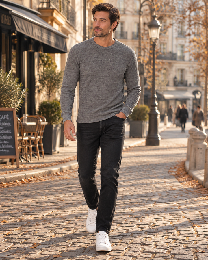 Men's Thermal Top - Lightweight Waffle-Knit Blended Cotton, Crew Neck and Long Sleeves