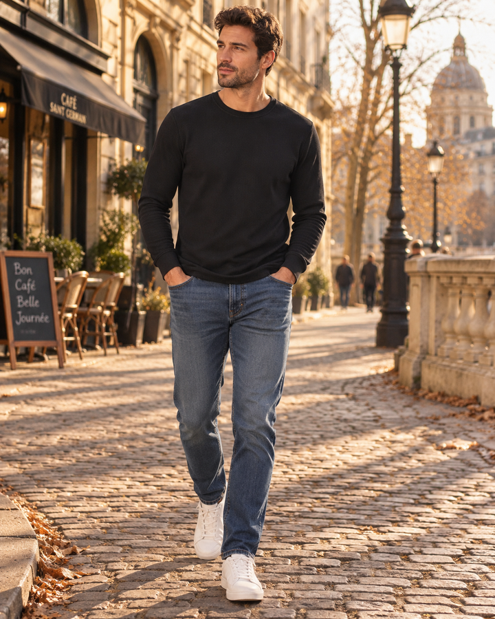 Men's Thermal Top - Lightweight Waffle-Knit Blended Cotton, Crew Neck and Long Sleeves
