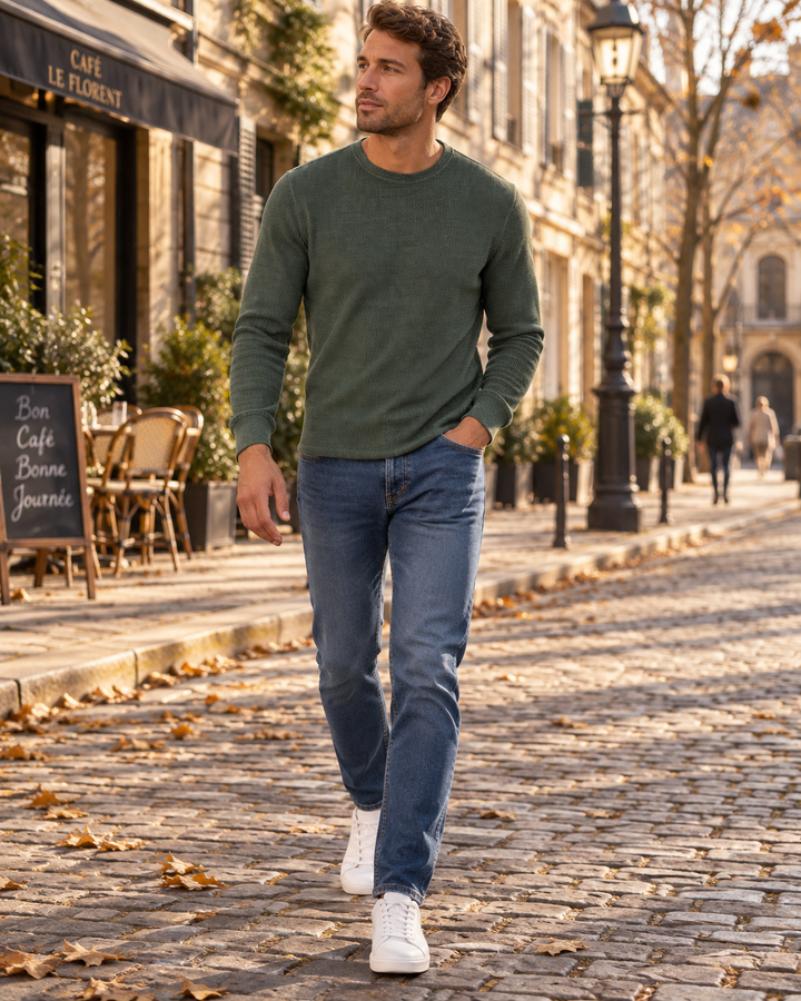 Men's Thermal Top - Lightweight Waffle-Knit Blended Cotton, Crew Neck and Long Sleeves