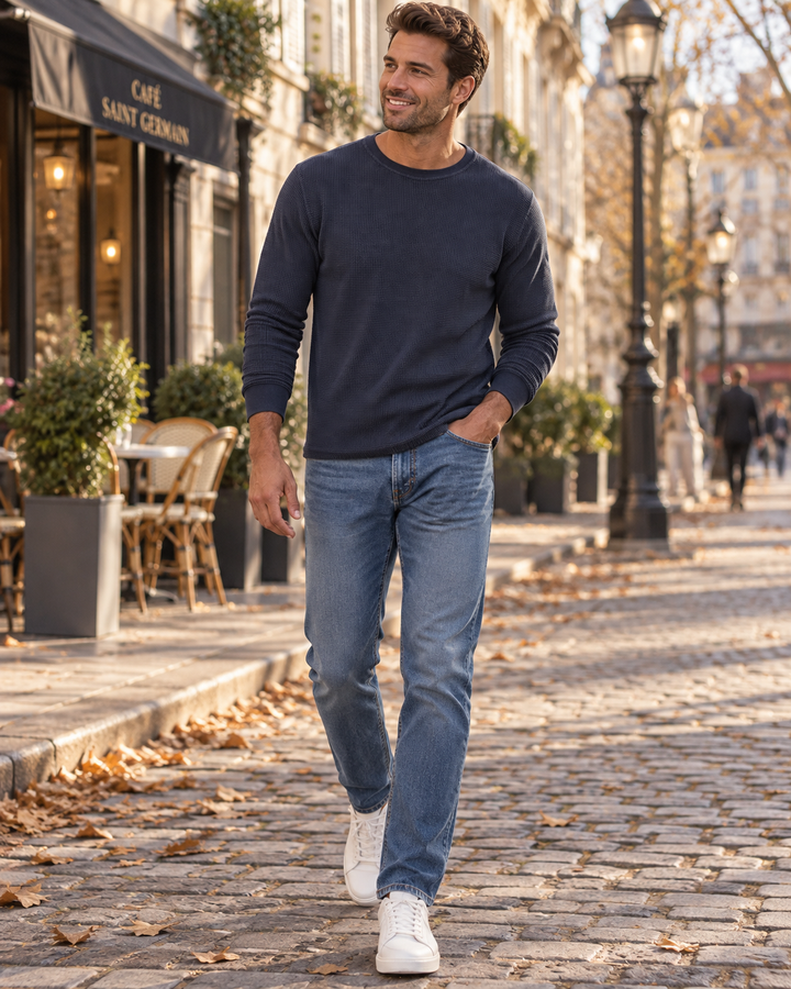 Men's Thermal Top - Lightweight Waffle-Knit Blended Cotton, Crew Neck and Long Sleeves
