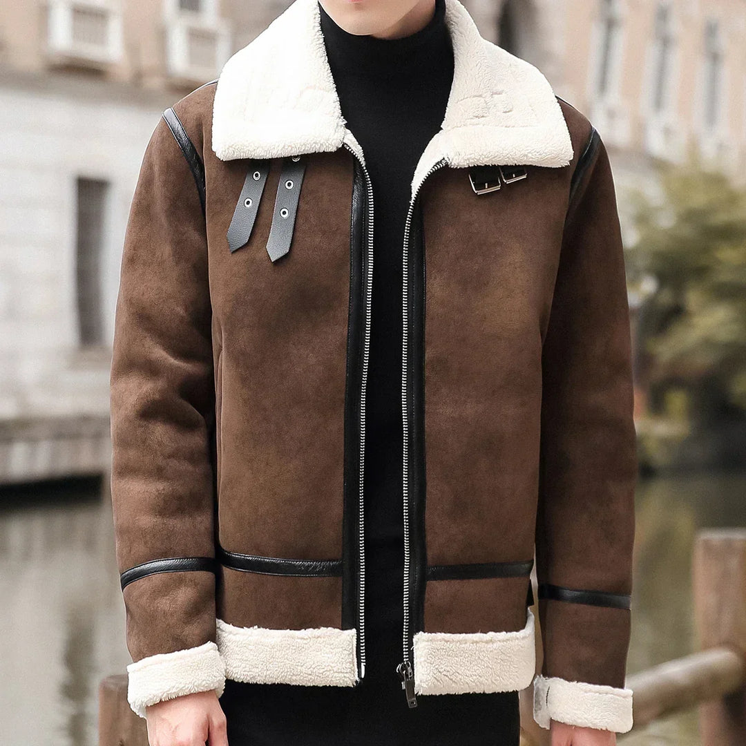 Herenjas van echt lamsleer met kraag van imitatiebont