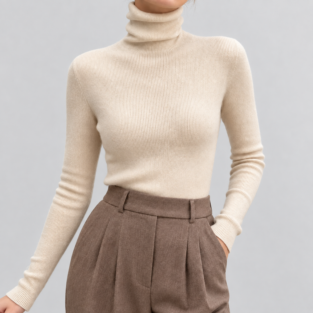 Maglione da donna in cashmere a coste fini con collo alto e vestibilità slim
