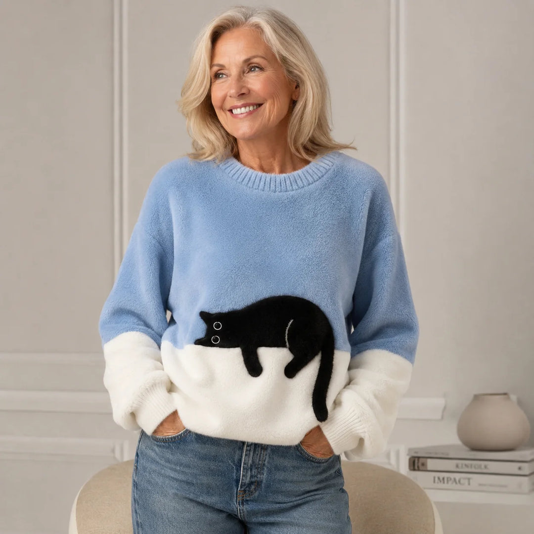 Women's knit sweatshirt - Two-tone with black cat motif
