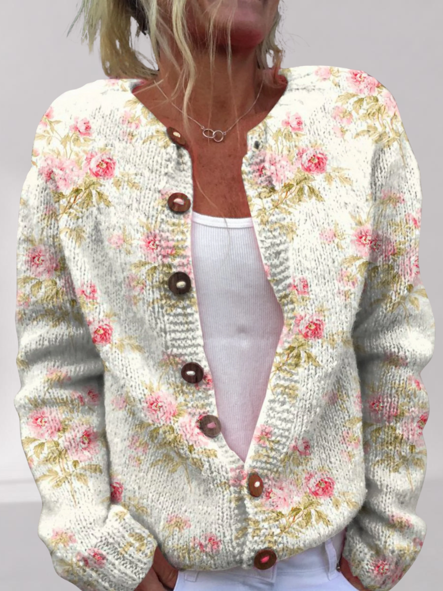 Cardigan Femme en Maille Torsadée à Imprimé Floral