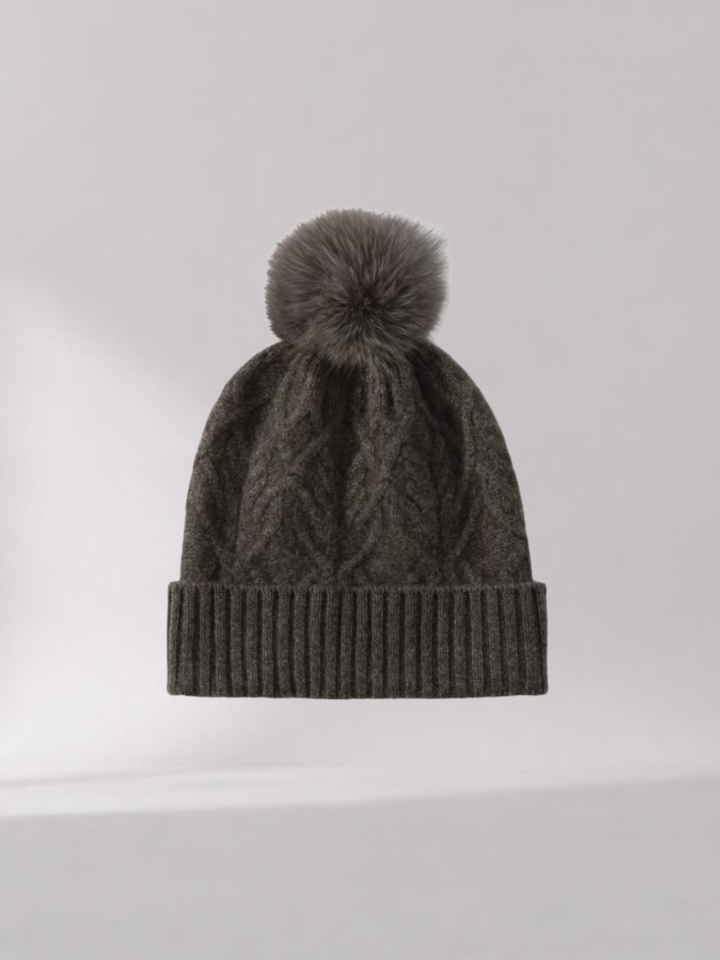 Berretto da donna in cashmere a maglia intrecciata – pon-pon in pelliccia sintetica