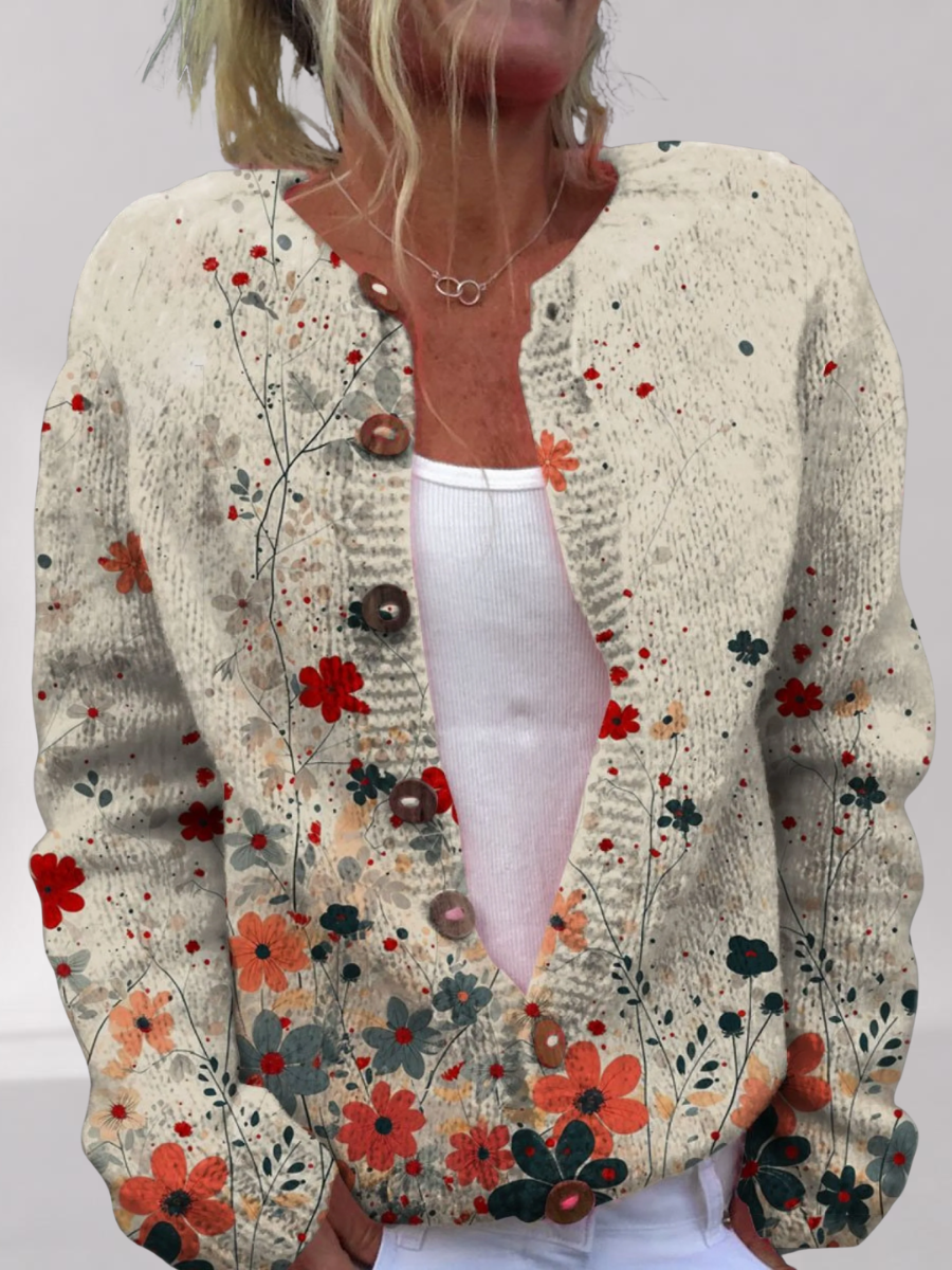 Cardigan en Maille à Motif Floral et Boutons