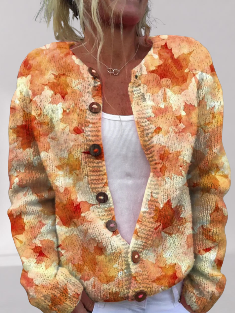 Cardigan en Maille à Motif Feuilles d’Automne – Coupe Décontractée