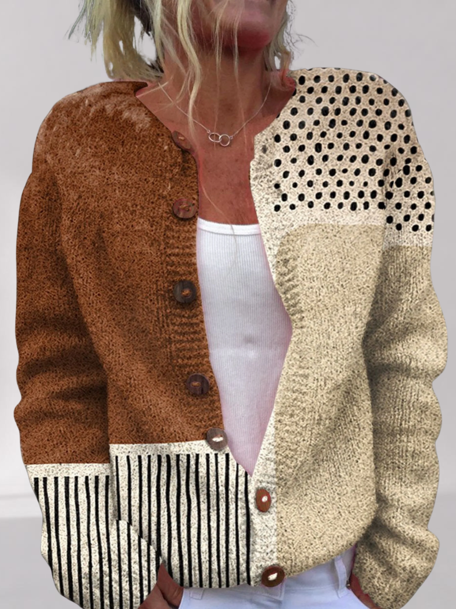Cardigan en Maille Femme – Color Block à Pois et Rayures