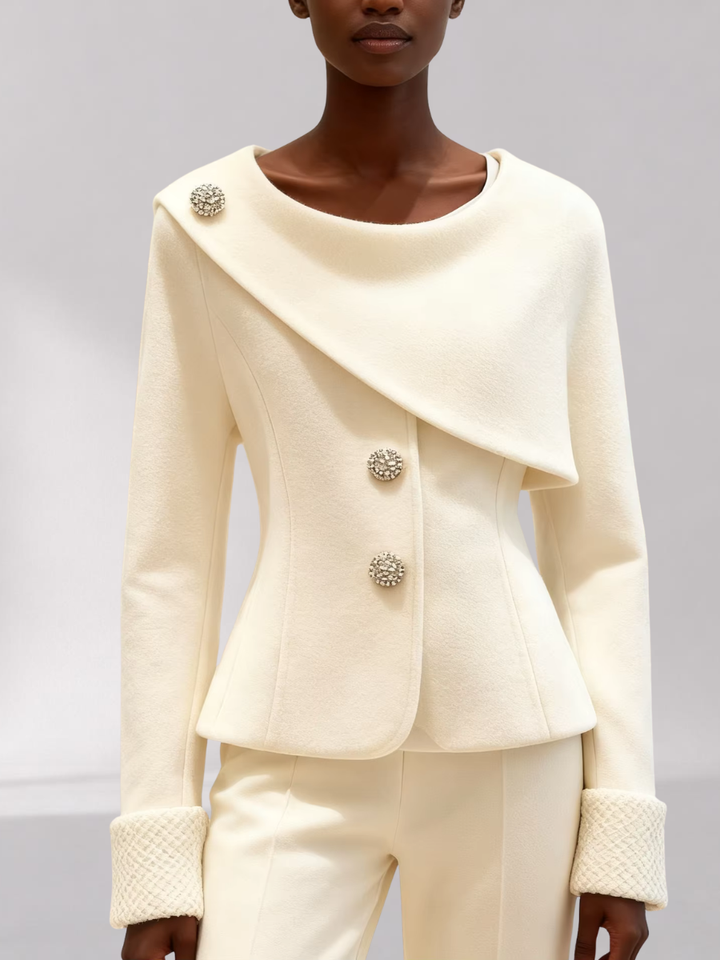 Asymmetrische damesblazer - lang, getailleerd model met knopen