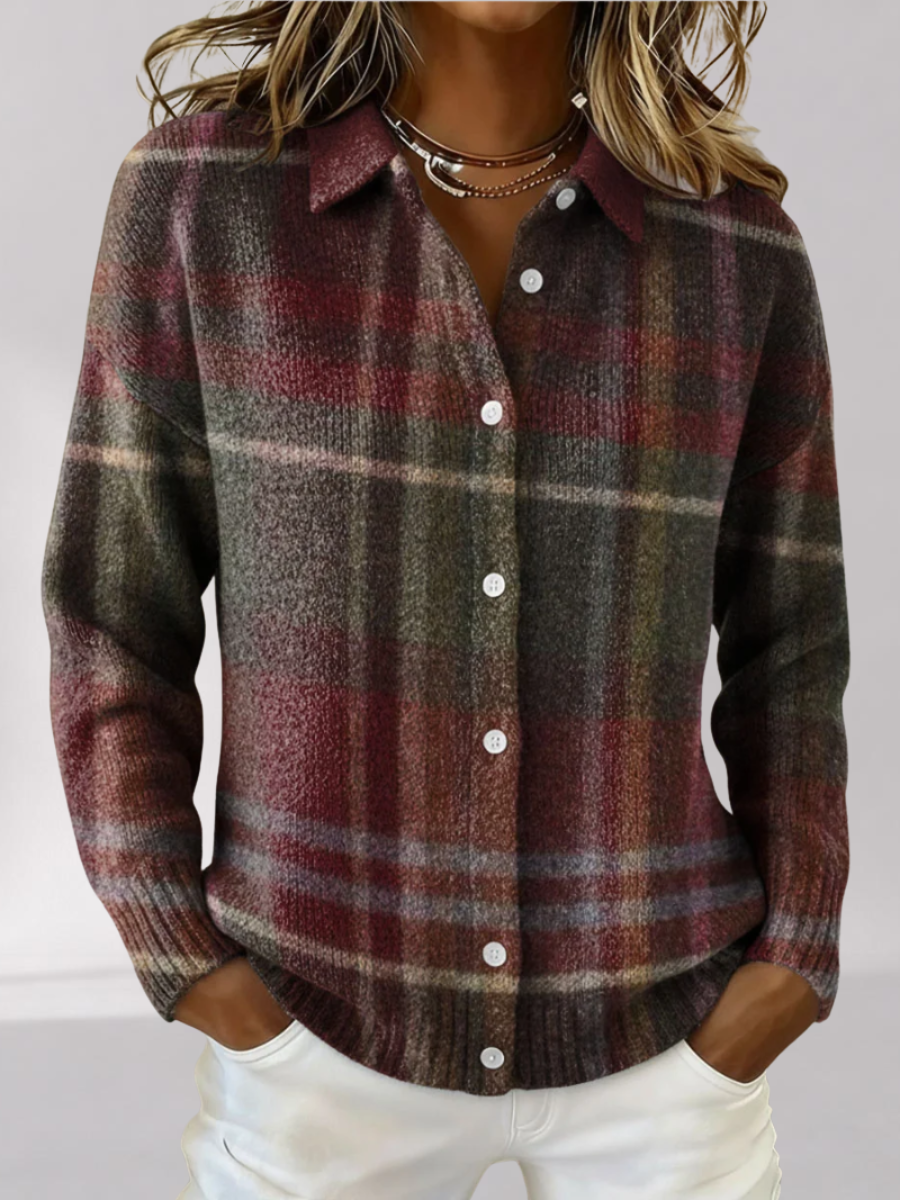 Women's checked-knit cardigan - collar and buttons