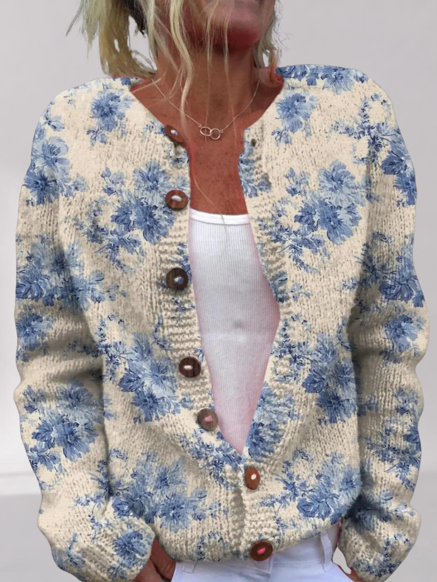 Cardigan Femme en Maille à Imprimé Floral Bleu – Boutonné