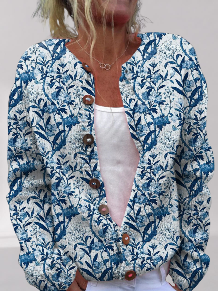 Cardigan Bleu à Imprimé Floral et Boutons