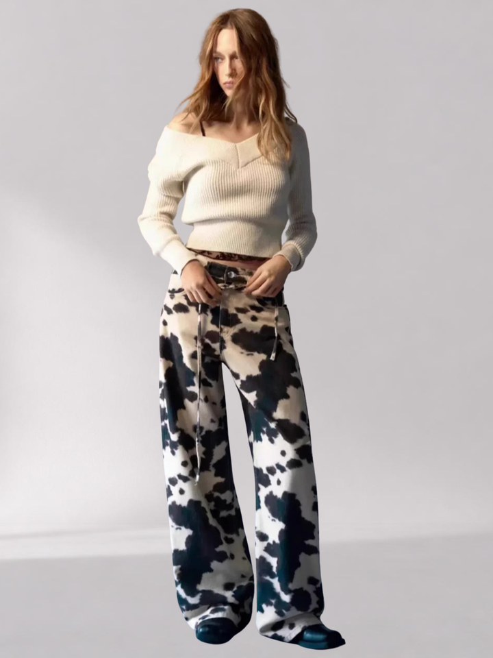 Damesrechte katoenen broek - vintage koeienprint met vervaagd effect