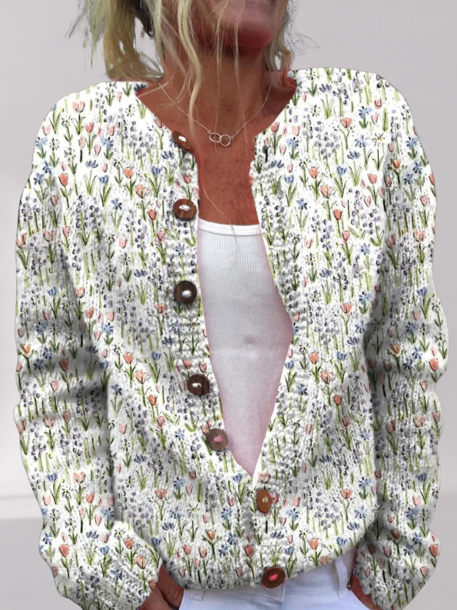 Cardigan en Maille à Motif Floral et Boutons