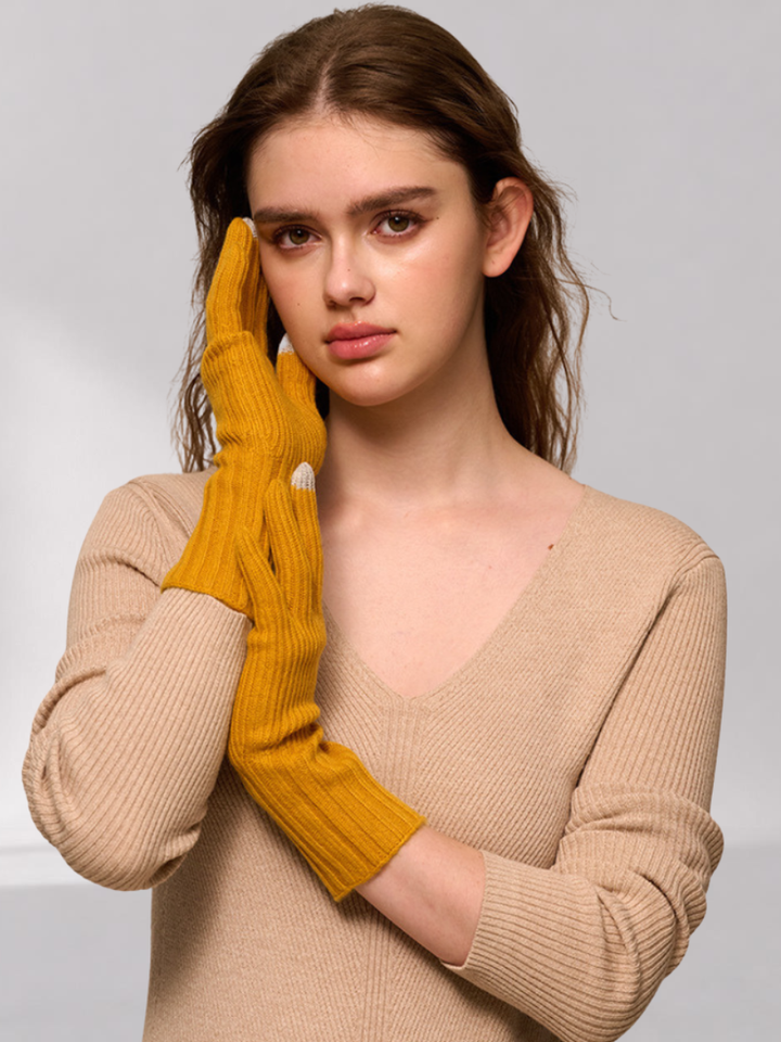 Guanti da donna in misto cashmere – maglia a coste con polsino lungo