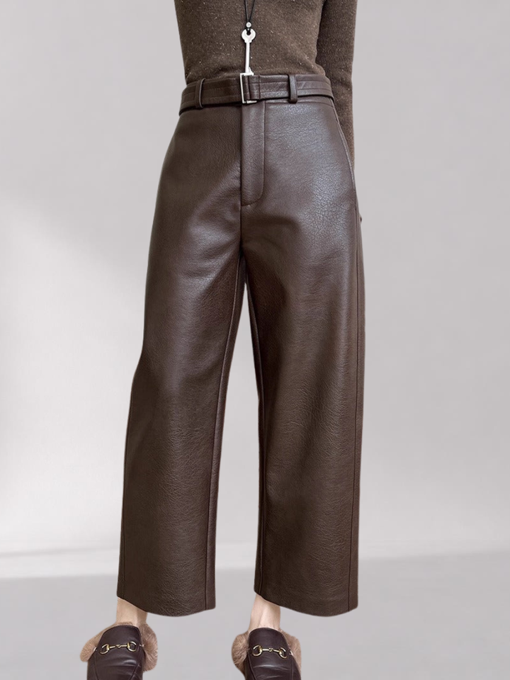 Women's Wide-Leg Trousers - Textured Matte PU Finish, Mid-Rise Waist