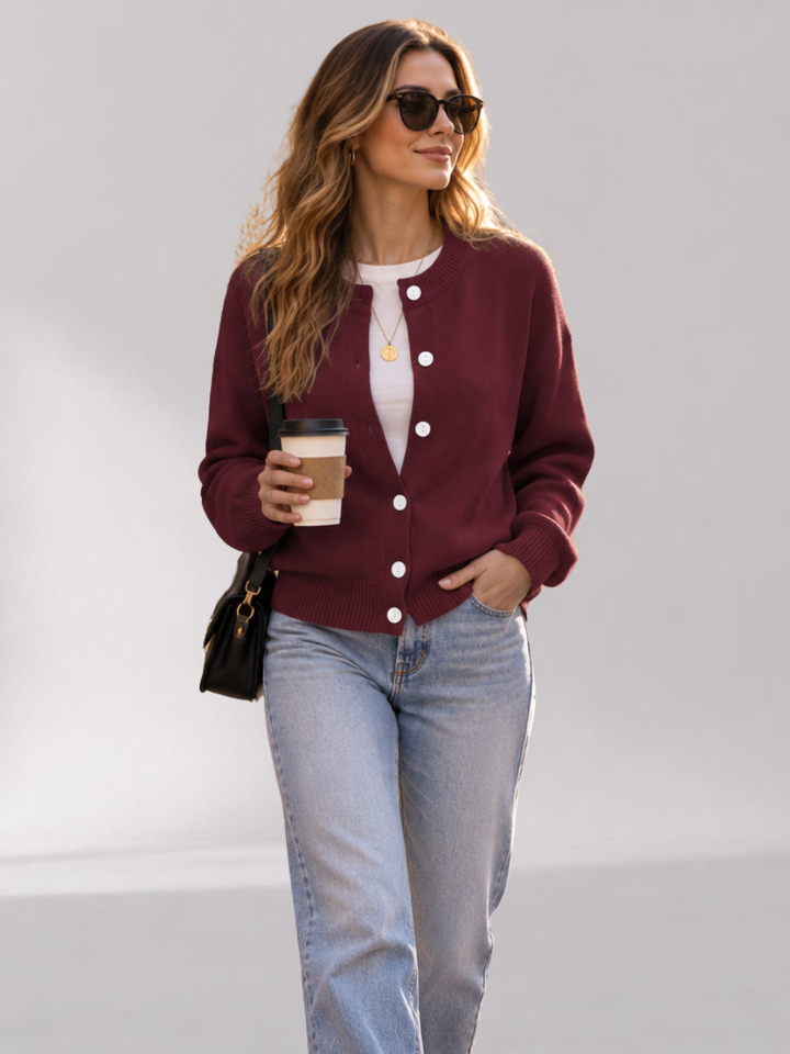 Women's Wool Blend Knit Cardigan - Buttoned Round Neck, Loose Fit