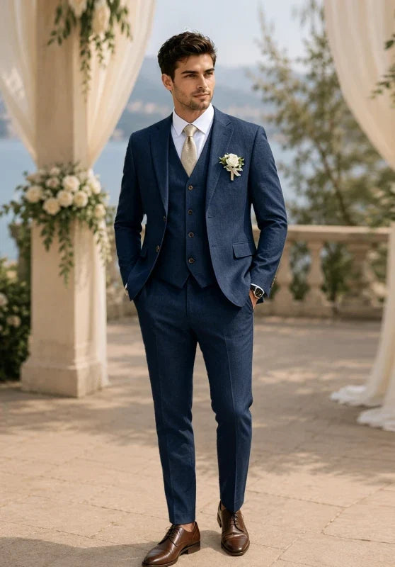 Costume Trois Pièces Homme Coupe Regular en Lin Respirant avec Col Notch et Gilet Cinq Boutons