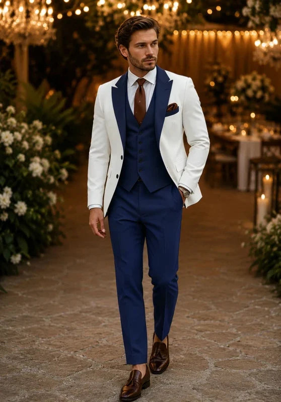 Costume Trois Pièces Homme Coupe Slim avec Col Châle et Gilet Boutonné